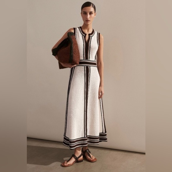 EB Luxe Los Angeles Blk/Wht/Purple Open Weave Crochet Maxi Dress M - Picture 3 of 12